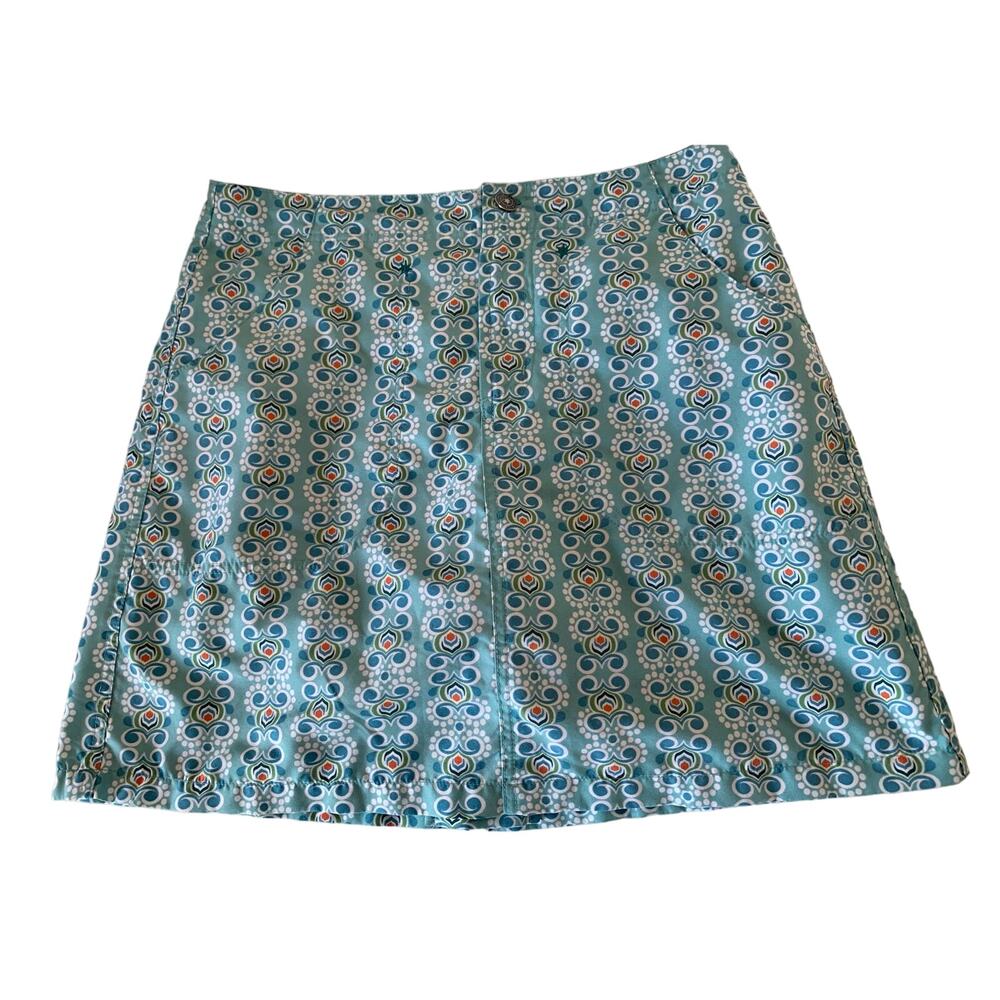 ISIS brand skort blue white orange print, size 4 women's euc